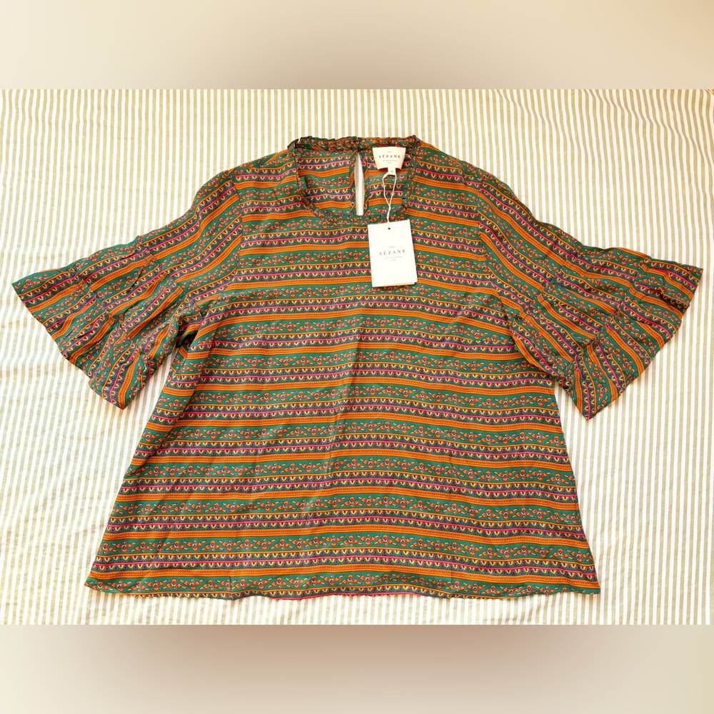 Sezane Ethel Blouse - Havana Green Orange Stripes - Picture 3 of 8